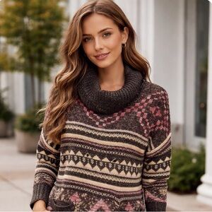 Lucky Brand Wool Blend Cowl Turtleneck Aztec Fair isle Sweater Womens Size XL